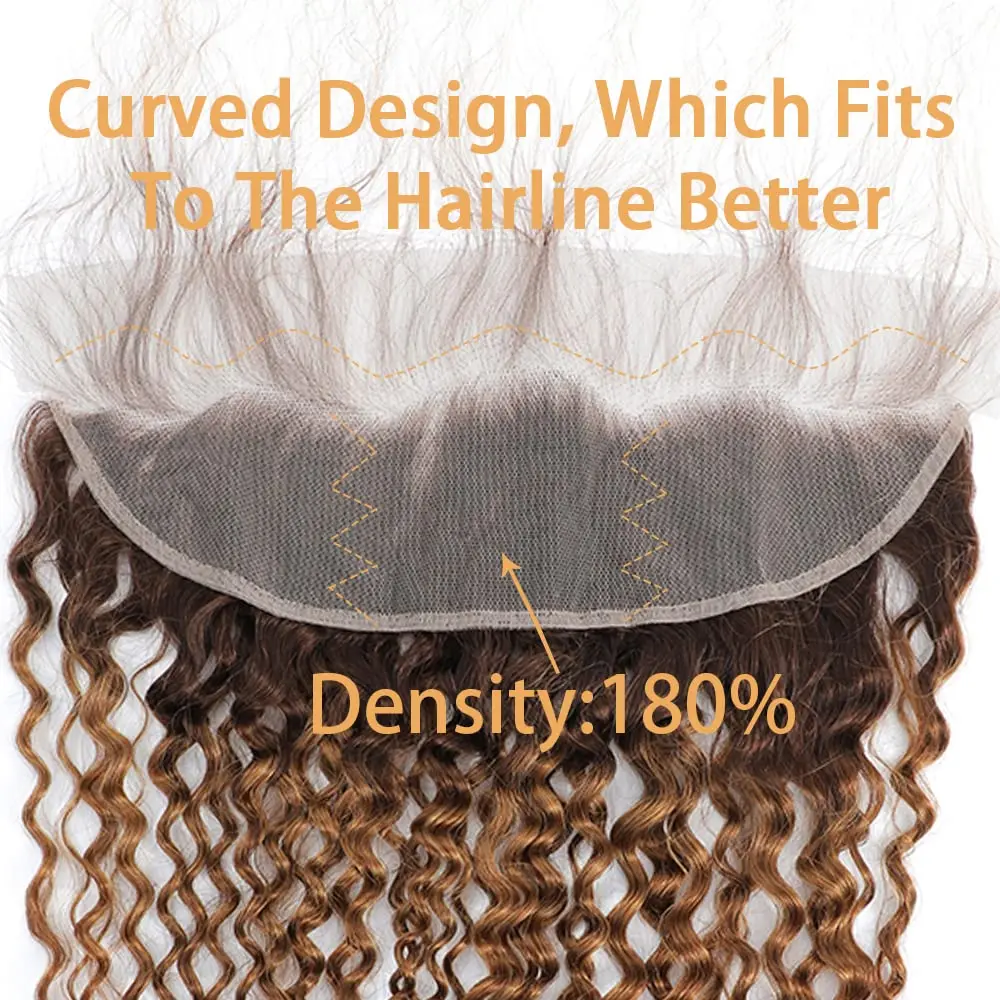 13x4 hd transparent lace frontal closure with ombre curly human hair bundles, 100% brazilian remy hair extensions