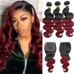 t1b/burgundy red body wave brazilian remy hair extensions, 3 or 4 bundles with lace closure, 100% unprocessed double drawn