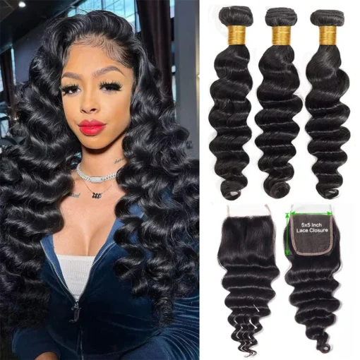 #1b loose deep wave human hair 3 or 4 bundles with hd lace closure, 4x4, 5x5, 13x4 options, 100% human hair extensions