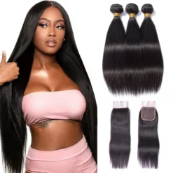 natural black brazilian straight human hair bundles, 3 or 4 bundles with 4x4 or 13x4 hd lace closure for women