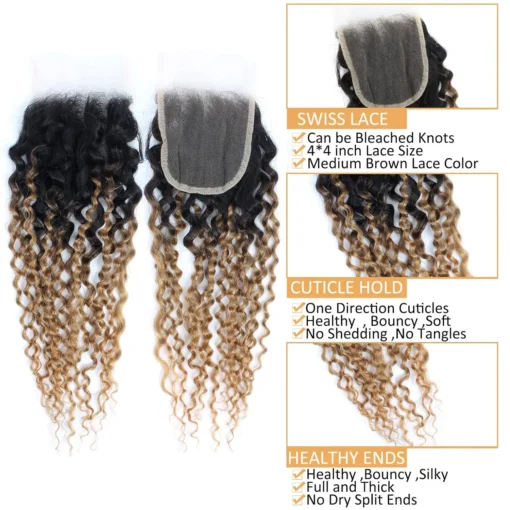 t1b/27 colored curly human hair bundles with 4x4 lace closure, 100% human hair extensions for women