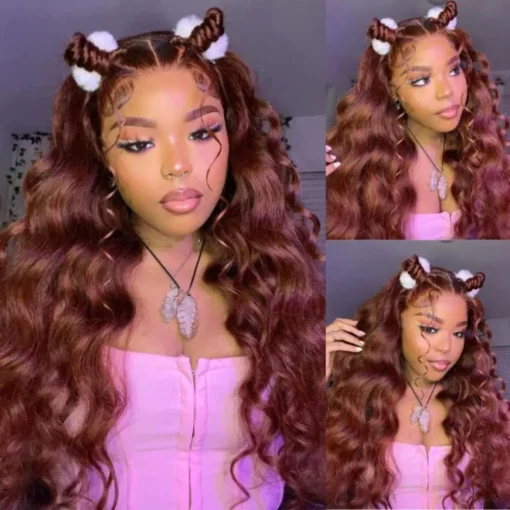 32 inch reddish brown hd swiss lace frontal wig, body wave, 13x6 13x4 4x4 lace, 100% brazilian human hair, glueless & ready to wear