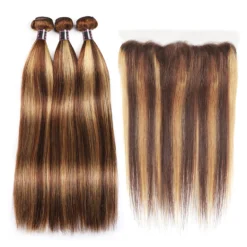 p4/27 highlight brazilian bone straight remy hair extensions, bundles with frontal closure for women