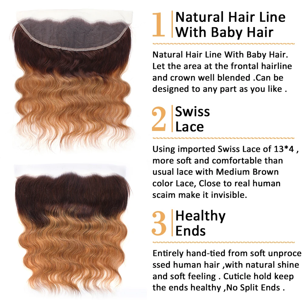 straight ombre 4/30 brown brazilian hair 3 bundles or 4 bundles with hd transparent lace frontal closure, remy human hair