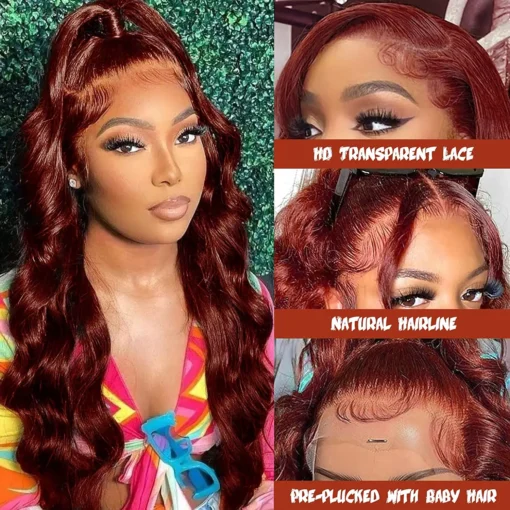 32 inch reddish brown hd swiss lace frontal wig, body wave, 13x6 13x4 4x4 lace, 100% brazilian human hair, glueless & ready to wear