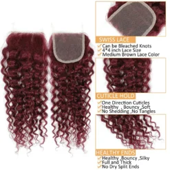99j burgundy curly brazilian human hair, 3 or 4 bundles with 4x4 lace closure, red hair extensions for women and girls