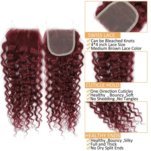 99j burgundy curly brazilian human hair, 3 or 4 bundles with 4x4 lace closure, red hair extensions for women and girls