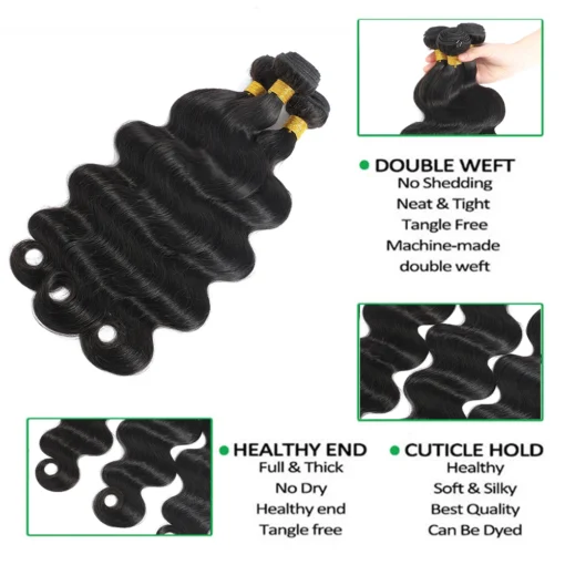 natural black brazilian body wave human hair bundles, 3 or 4 bundles with 4x4 or 13x4 hd lace closure for women