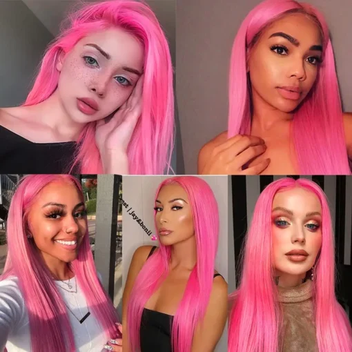 30 inch pink straight hd lace front wig, 100% human hair, 4x4 13x4 lace closure, brazilian blonde cosplay wig for women