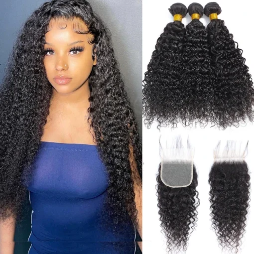 natural color brazilian curly human hair, 3 or 4 bundles with lace closure, ombre blonde hair weave extensions