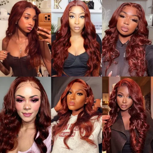 32 inch reddish brown hd swiss lace frontal wig, body wave, 13x6 13x4 4x4 lace, 100% brazilian human hair, glueless & ready to wear