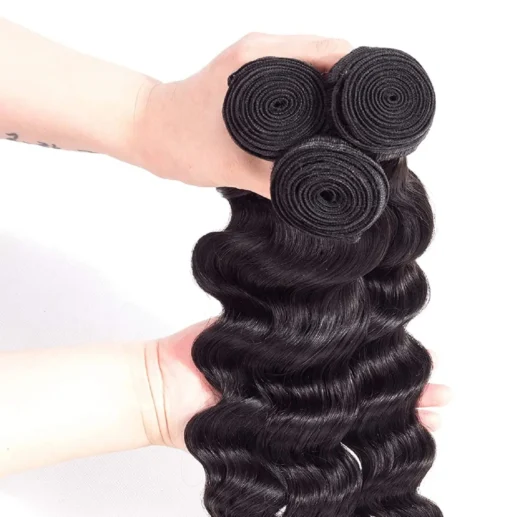 brazilian loose deep wave human hair 3 or 4 bundles, #1b color, with 4x4, 5x5, or 13x4 hd lace frontal closure