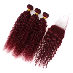 t1b/99j burgundy curly brazilian human hair, 3 or 4 bundles with 4x4 lace closure, red hair extensions for women and girls